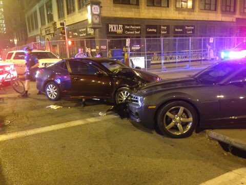 2 arrested after speeding car crashes into innocent motorist at 7th and Olive. Guns, drugs, mask found in vehicle