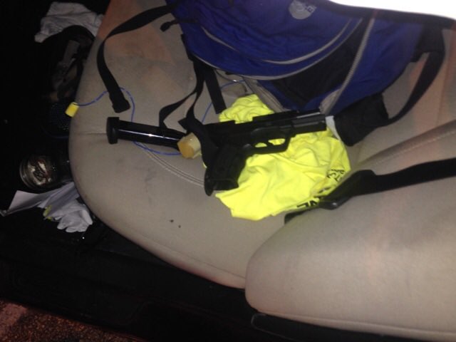 2 arrested after speeding car crashes into innocent motorist at 7th and Olive. Guns, drugs, mask found in vehicle