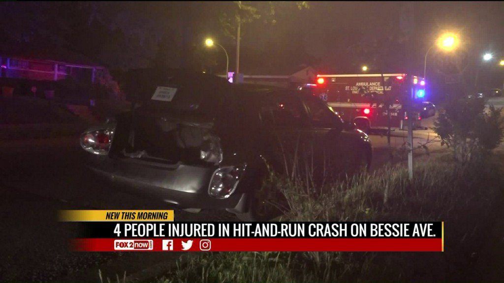 Four people were injured in a hit-and-run accident Wednesday morning in north St. Louis. They were struck by the driver around 1 a.m.,  sitting inside a parked car on Bessie Avenue near North Taylor.  All four victims were taken to the hospital for treatment. There is no word on their conditions at this time.