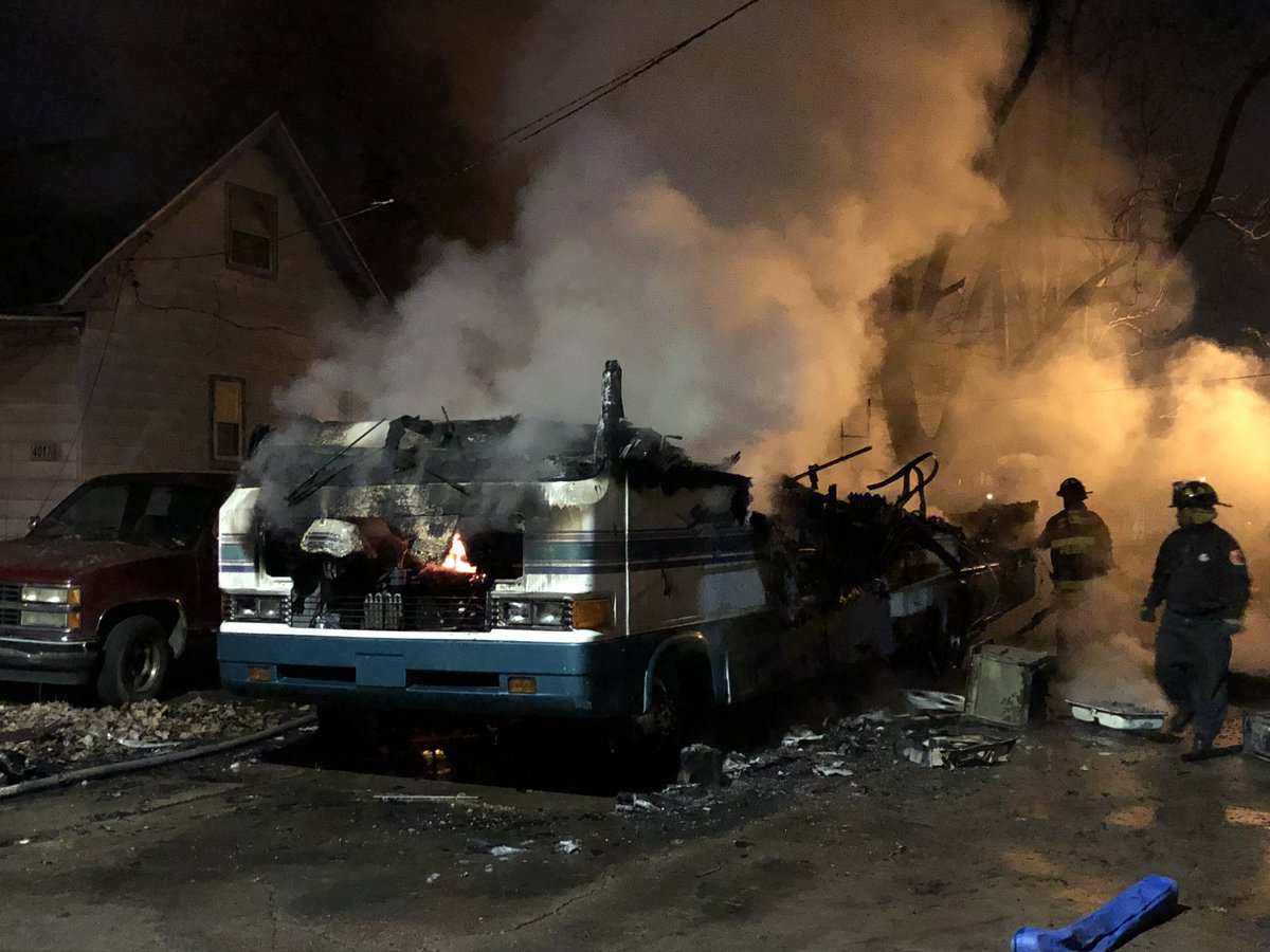 An RV destroyed by fire on the north side, near Warne and carter. No word on cause yet. No injuries reported