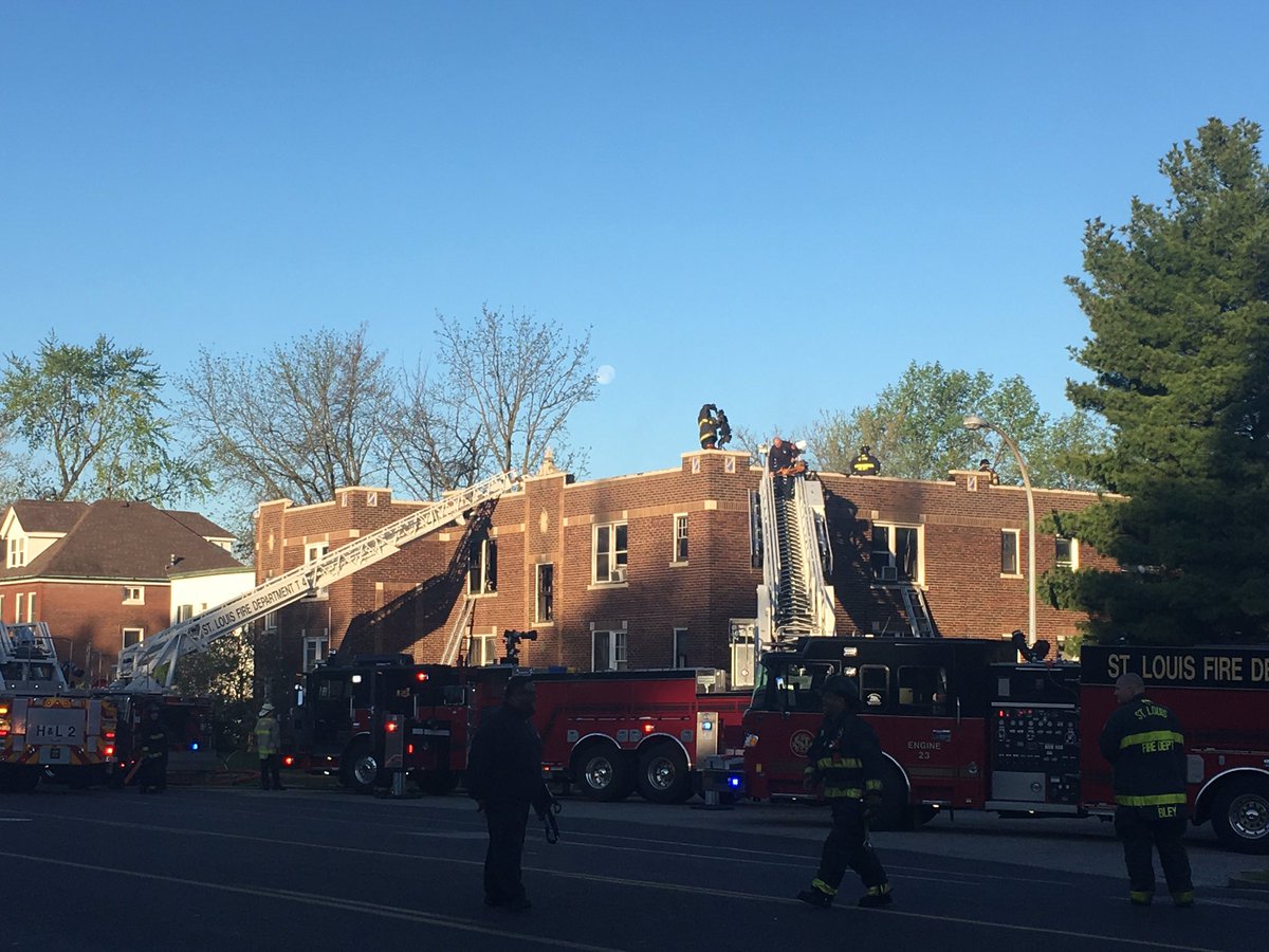 2 alarm fire at a SouthCity Dutchtown apartment building. 6 adults and 1 children are displaced. 1 firefighter was injured, but will okay. S. Broadway and Nebraska closed 