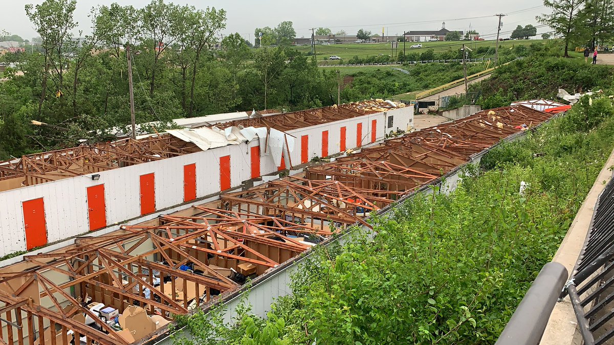 The tornado ripped off the roof of these storage units off Ellis Blvd