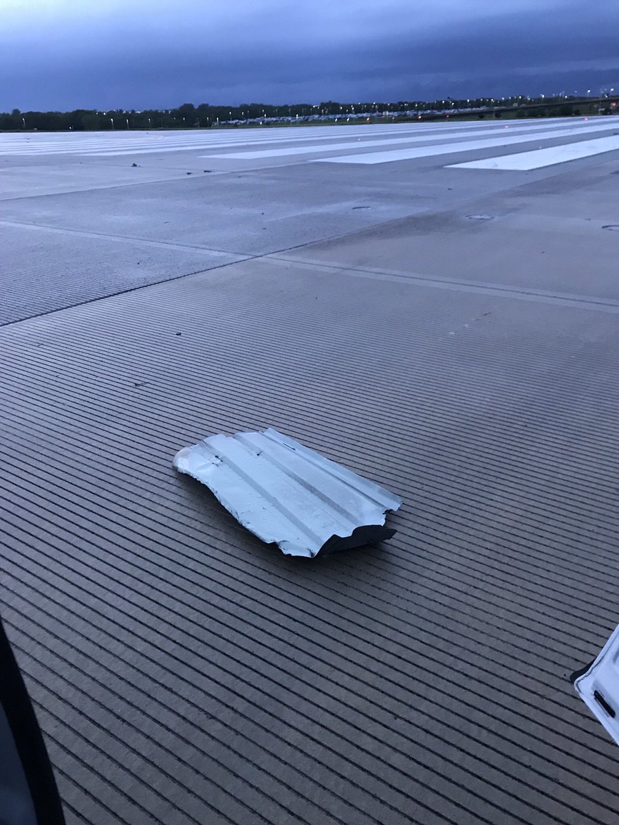 Debris picked up on the airfield that caused our Operations staff to close the airport because Foreign Object Damage to aircraft can cause catastrophe. Pots, foam, wall panels, plant ID tags over millions of square feet. Presumed from tornado damage 47 miles away in Linwood, KS.   