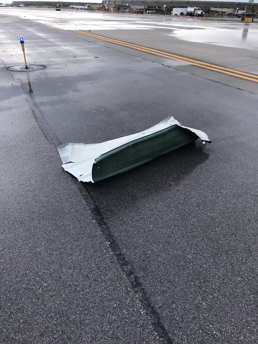 Debris picked up on the airfield that caused our Operations staff to close the airport because Foreign Object Damage to aircraft can cause catastrophe. Pots, foam, wall panels, plant ID tags over millions of square feet. Presumed from tornado damage 47 miles away in Linwood, KS.   