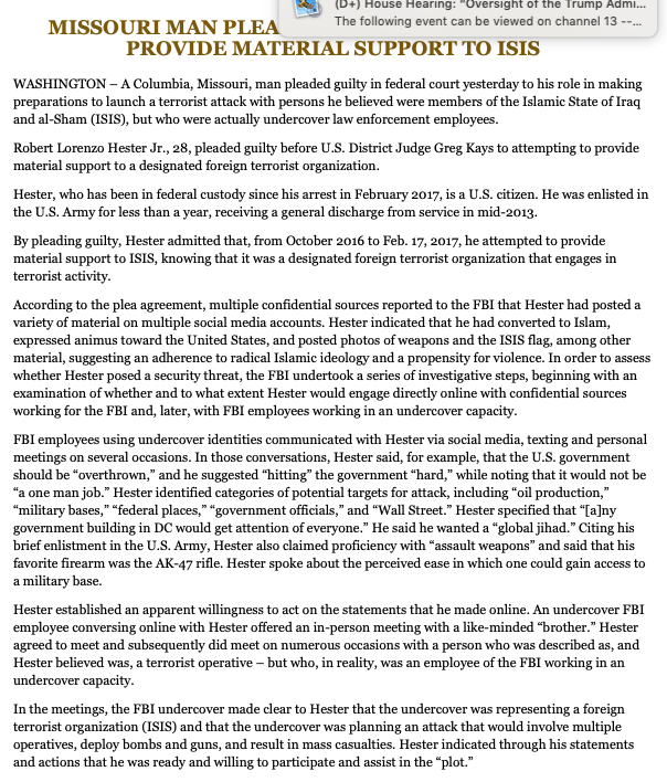28yo Missouri man pleads guilty to trying to carry out a terror attack for people he thought were with ISIS, per @TheJusticeDept   Robert Lorenzo Hester Jr. identified categories of potential targets.including oil production, military bases, federal places per statement