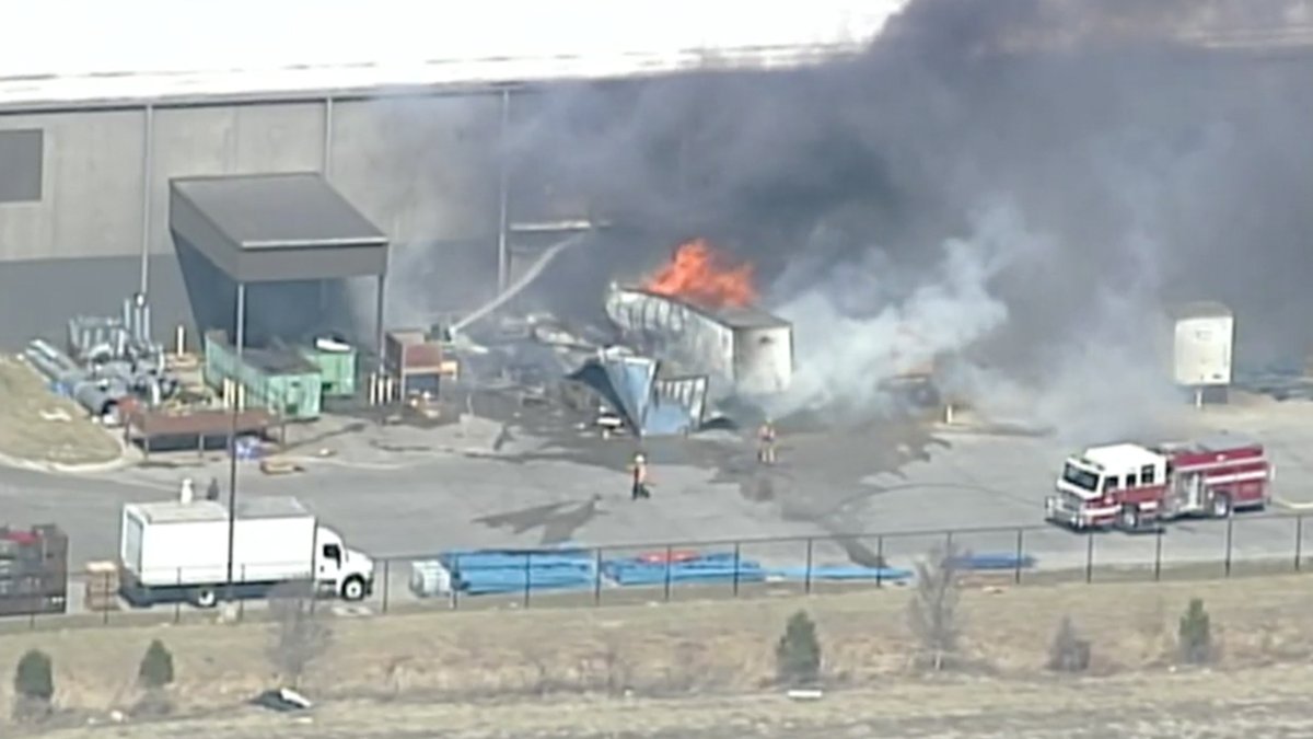 Crews are battling flames at a commercial building in Riverside, Missouri, as the metro remains under an increased fire risk due to high winds and low humidity near the building in the 5200 block of Northwest 41st Street
