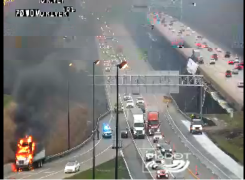 New MoDOT photo of fully-involved box truck fire on the ramp from 70 onto Fifth Street