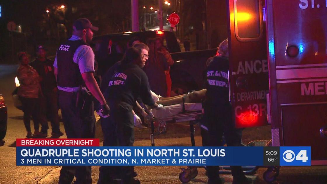 Four people shot in Jeff-Vander-Lou neighborhood of north St. Louis. Three men are in critical condition at the hospital. A woman was also shot in the leg. 