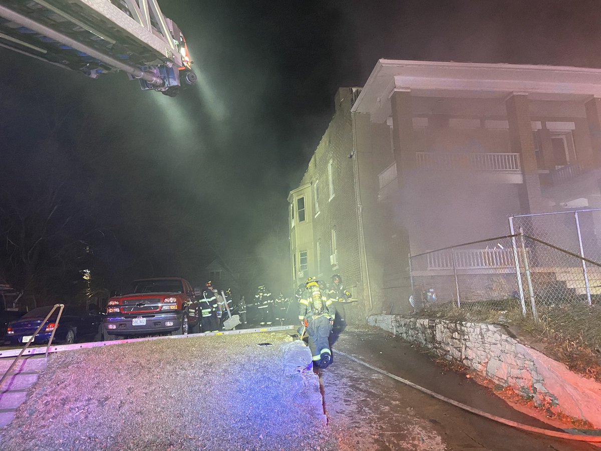 Around 8:40 this evening  @kcmofiredept crews responded to 2 story with  basement apartment fire at 3200 block of Independence Ave. Upon arrival, smoke and fire was showing to the rear of the building with trapped occupants. Crews did a great job rescuing 1 adults