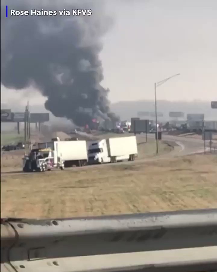 At least 40 vehicles are involved in this fiery crash on a portion of Interstate 57 in Mississippi County, Missouri. Multiple people have died as a result