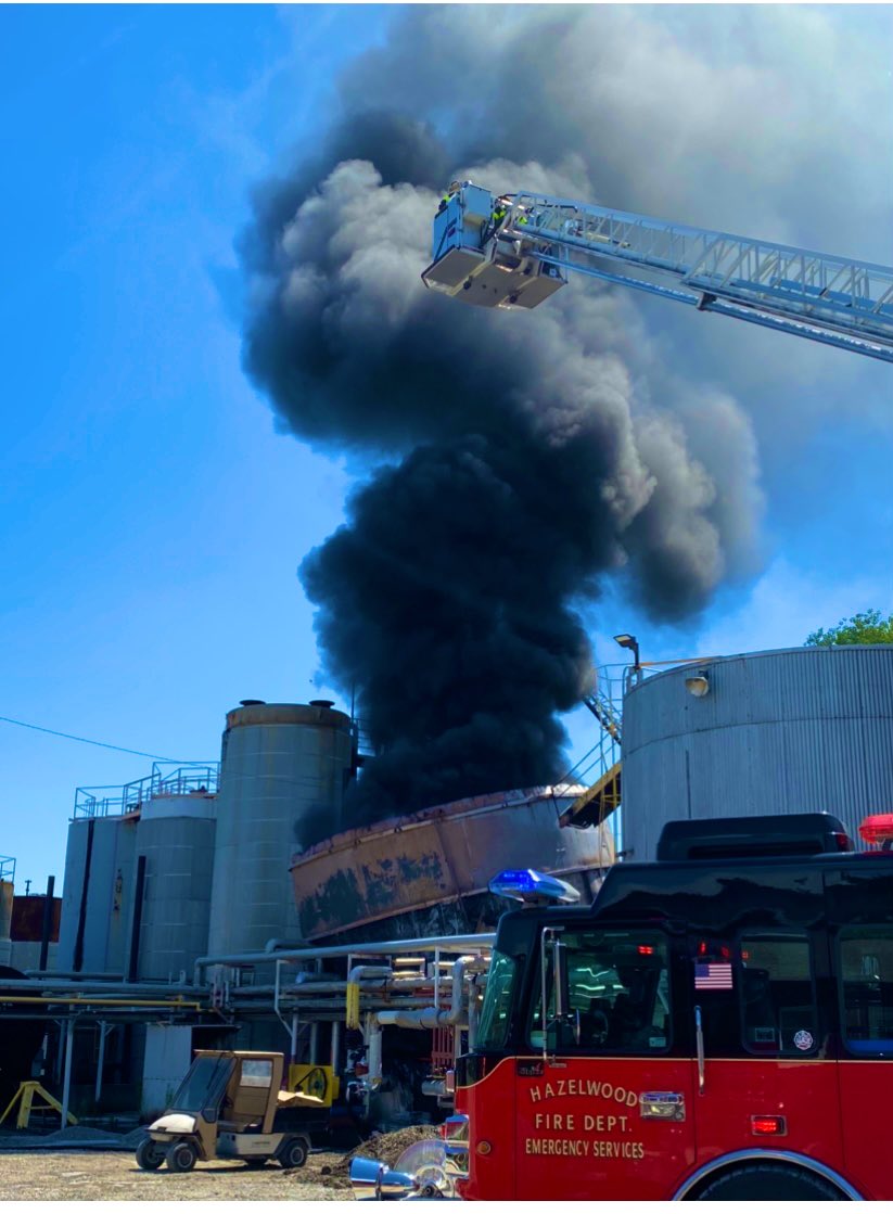 Emergency crews are on the scene of a tank explosion in Hazelwood  Authorities said a 2,200-gallon asphalt tank caught on fire and a nearby generator exploded