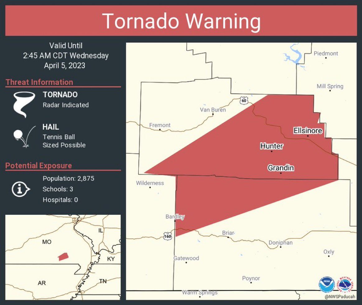 ALERT A Tornado Warning has been issued for Ellsinore MO, Grandin MO, and Hunter MO until 2:45am