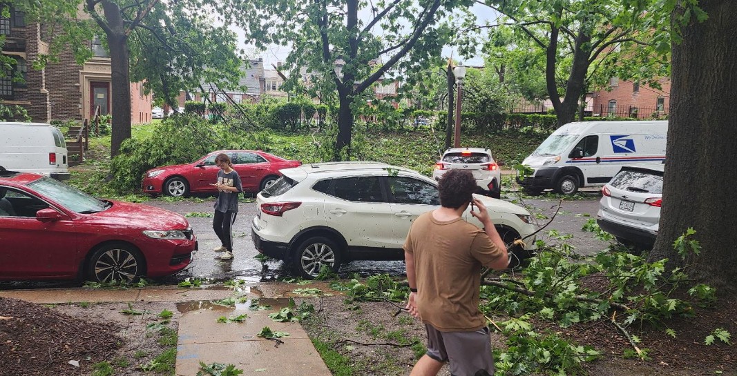 severe weather again:  reports of tornados, widespread tree, building damage, hail shattering wind-shields  In-Traffic . Clayton, Forest Park areas hit hard. 